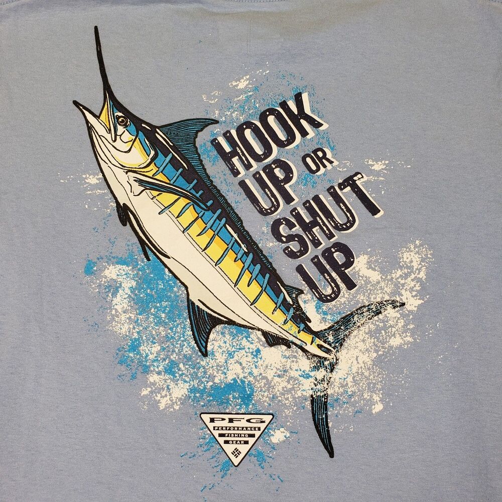 Columbia PFG Hook Up or Shut Up T Shirt Mens Medium Blue Marlin Fishing Tee